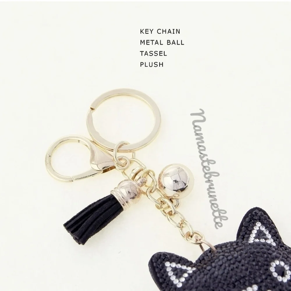 Kitty Cat Crystal Rhinestone Keychain Bag Charm With Black Tassel